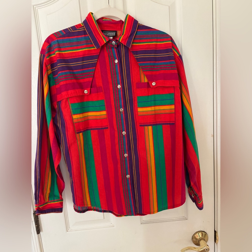 Roughrider Vintage Cotton Cowgirl Colorful Striped Women Large Button Up